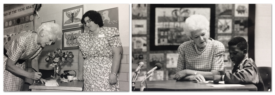Two black and white photographs of First Lady Barbara Bush taken on May 4, 1989. In the image on the left, she can be seen signing what appears to be a guest book as a woman, possibly a teacher or some other school official, looks on. In the second image, Bush is seated next to a student and it appears they are reading together.  
