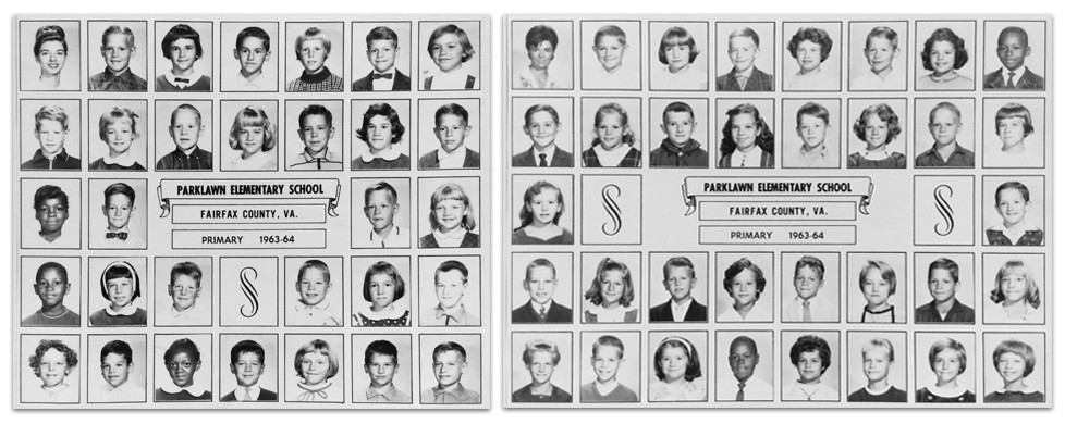 Black and white image of two pages from Parklawn’s 1963 – 1964 yearbook side-by-side. The children are not named, but both are primary grade classes. You can see African-American and white children pictured together in each class. 