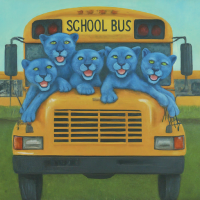 school bus with blue panthers